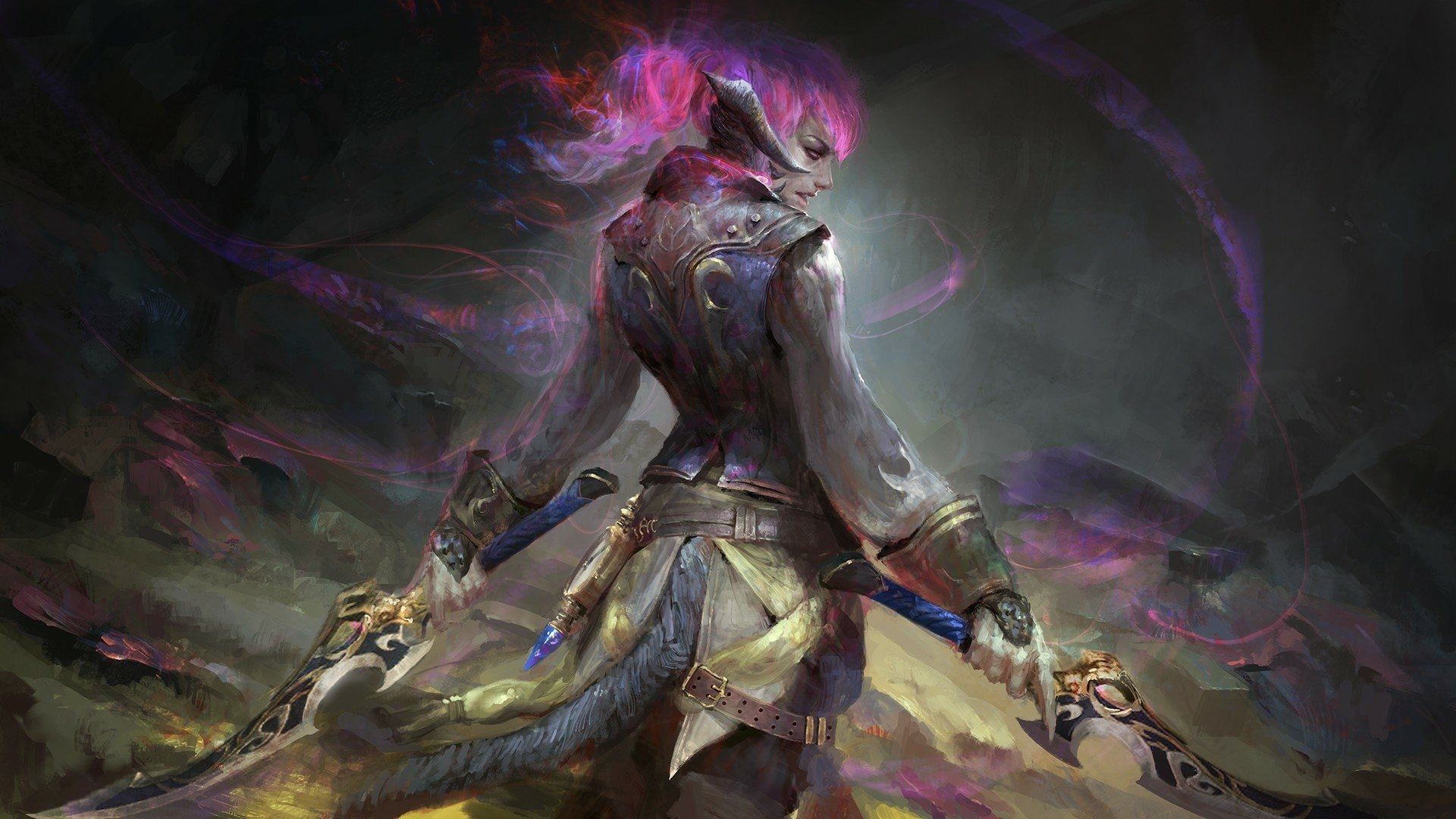 HD fantasy PC wallpaper featuring a fierce woman warrior with glowing pink hair and dual swords, set against a dark, mystical background.
