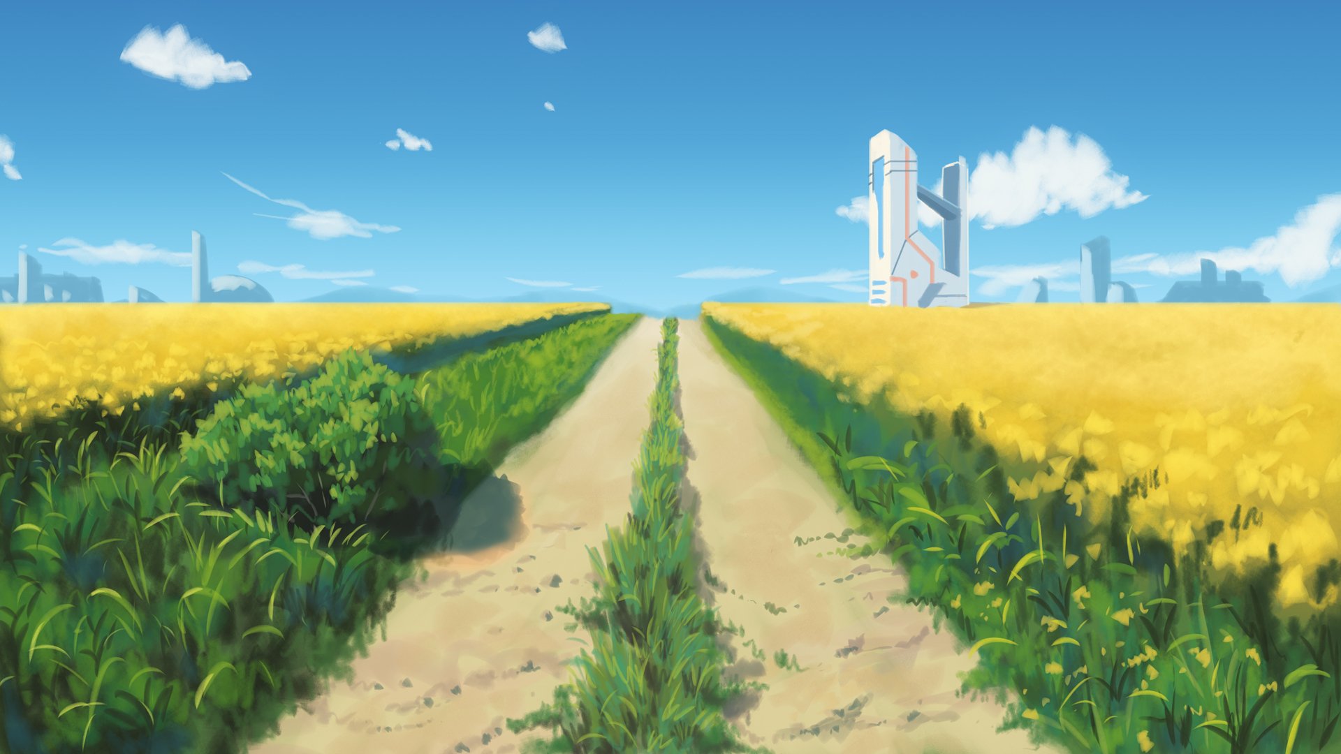 HD anime-style desktop wallpaper featuring a bright countryside path flanked by green and yellow fields under a clear blue sky with scattered clouds.