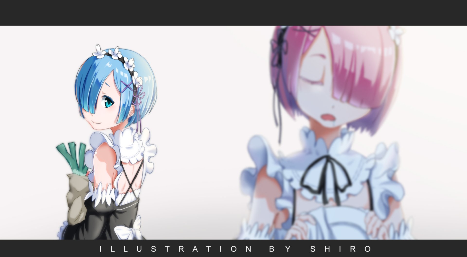 HD wallpaper featuring Ram and Rem from the anime Re:Zero - Starting Life in Another World. The image shows Rem in the foreground and Ram in the background with a soft, blurred effect. Illustration by Shiro.