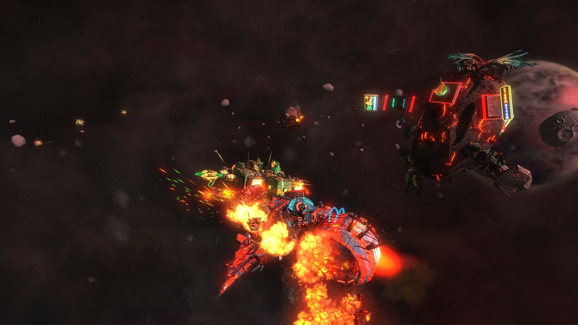 HD desktop wallpaper of Space Pirates and Zombies 2 game featuring an explosive battle between spaceships in a dark space setting.