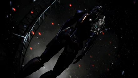 HD PC desktop wallpaper of a space-suited character from the Mass Effect video game, set against a dark, star-filled space background with glowing red embers.