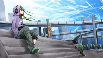 HD anime desktop wallpaper featuring Tsubomi Kido and Shuuya Kano from Kagerou Project, set against a bright urban sky and modern architecture.
