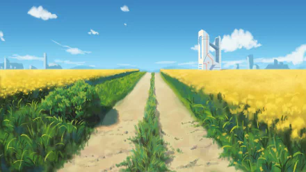 HD anime-style desktop wallpaper featuring a bright countryside path flanked by green and yellow fields under a clear blue sky with scattered clouds.