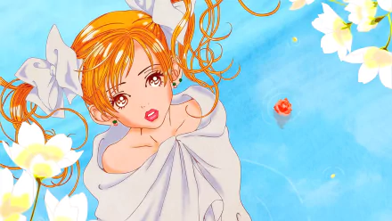 HD PC desktop anime wallpaper of Mikako Kouda: blonde in a white wrap floating on blue water amid white flowers, Paradise Kiss–style vibrant background.