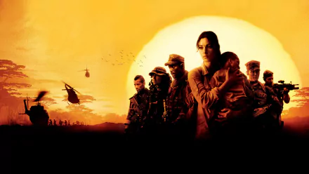 HD PC desktop wallpaper: Tears of the Sun movie image of a woman holding a child, flanked by soldiers and helicopters silhouetted against a huge setting sun.