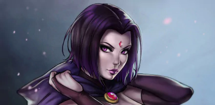 A striking HD wallpaper of Raven from DC Comics, featuring her short purple hair, captivating purple eyes, and iconic hood, set against a soft background.