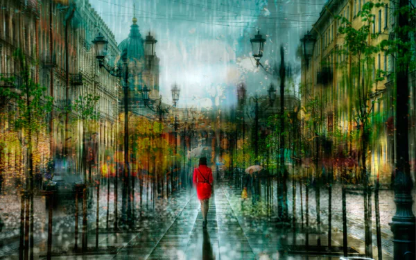 A vibrant artistic scene depicts a figure in a red coat walking through a rain-soaked street in Russia, surrounded by blurred colors and reflections, creating a captivating atmosphere.