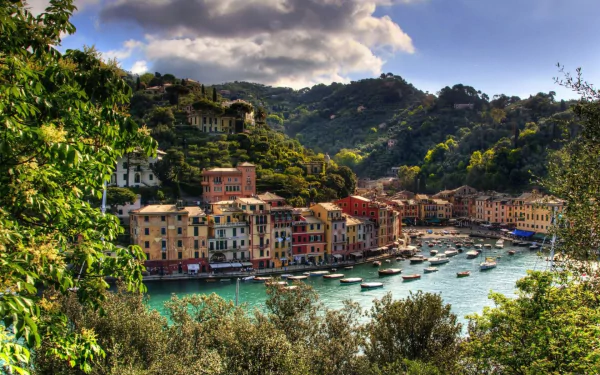 Colorful houses line the waterfront of the charming Italian town of Riomaggiore, with boats floating in the harbor and lush green hills under a bright sky.