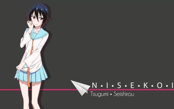 HD anime wallpaper featuring Seishirou Tsugumi from Nisekoi, standing against a dark background with a paper airplane and the series title displayed.