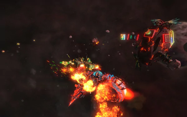 HD desktop wallpaper of Space Pirates and Zombies 2 game featuring an explosive battle between spaceships in a dark space setting.