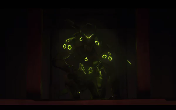 HD desktop wallpaper featuring Genji from the video game Overwatch, showcasing the character in a dark setting with glowing green accents.