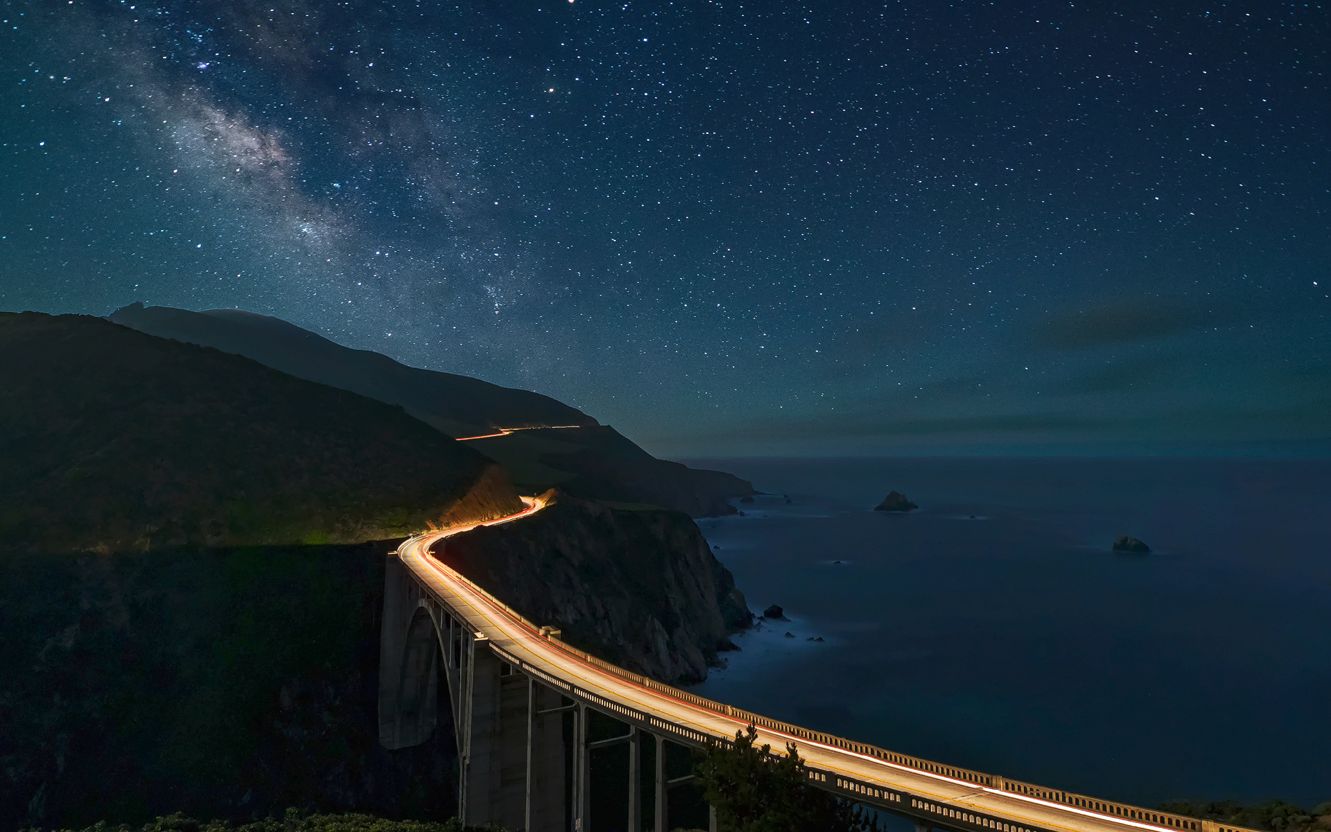 Download Horizon Star Light Night Ocean Coast Man Made Road HD Wallpaper