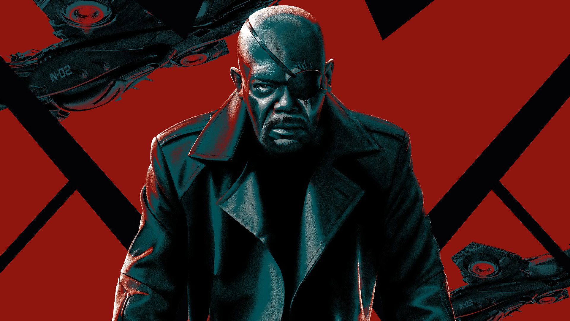 HD PC desktop wallpaper featuring a dark, intense image of Nick Fury from the movie Captain America: The Winter Soldier with a red and black background.