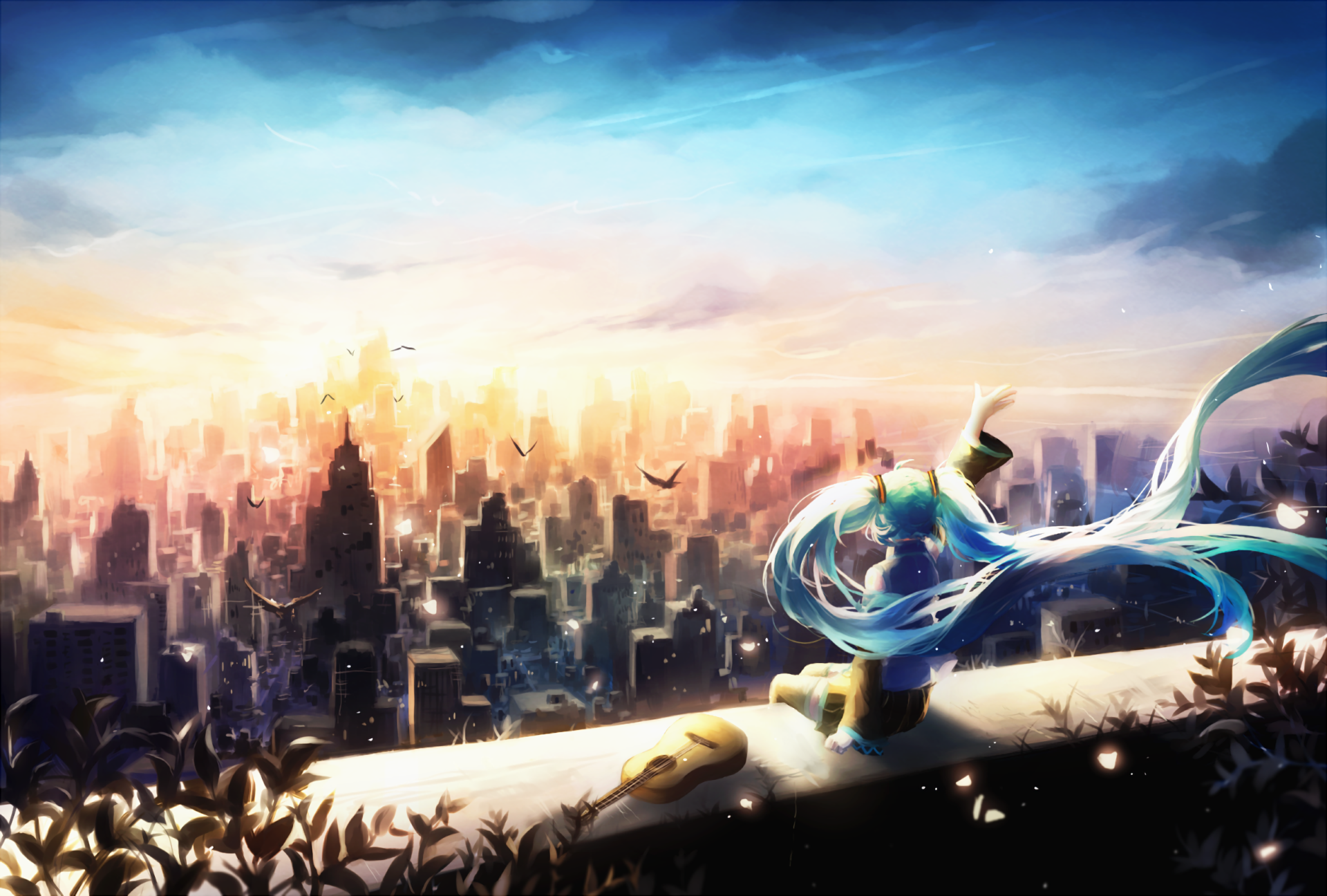 HD PC desktop wallpaper featuring Hatsune Miku from Vocaloid, set against a vibrant, glowing cityscape at sunset in anime style.