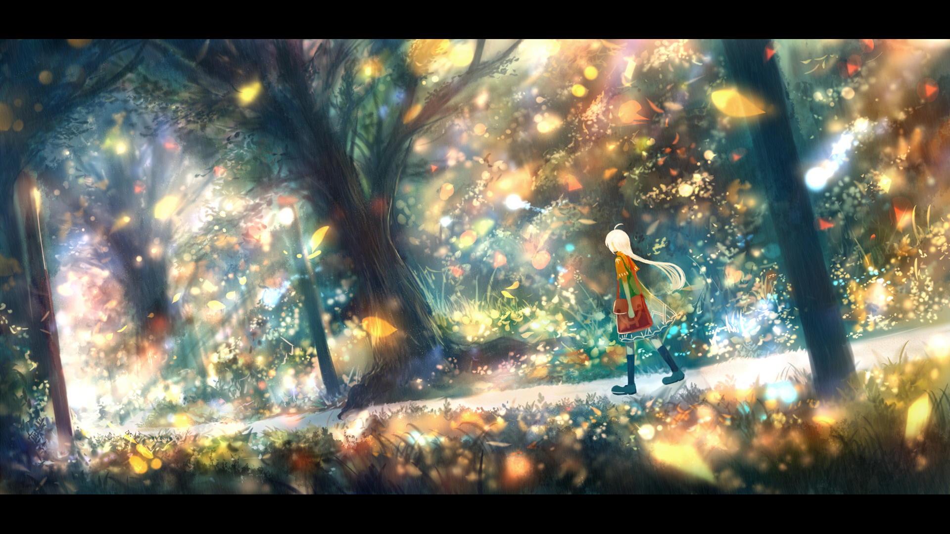 A serene anime scene featuring a character walking through a vibrant forest filled with colorful lights and sparkling elements, designed as a high-definition PC desktop wallpaper.