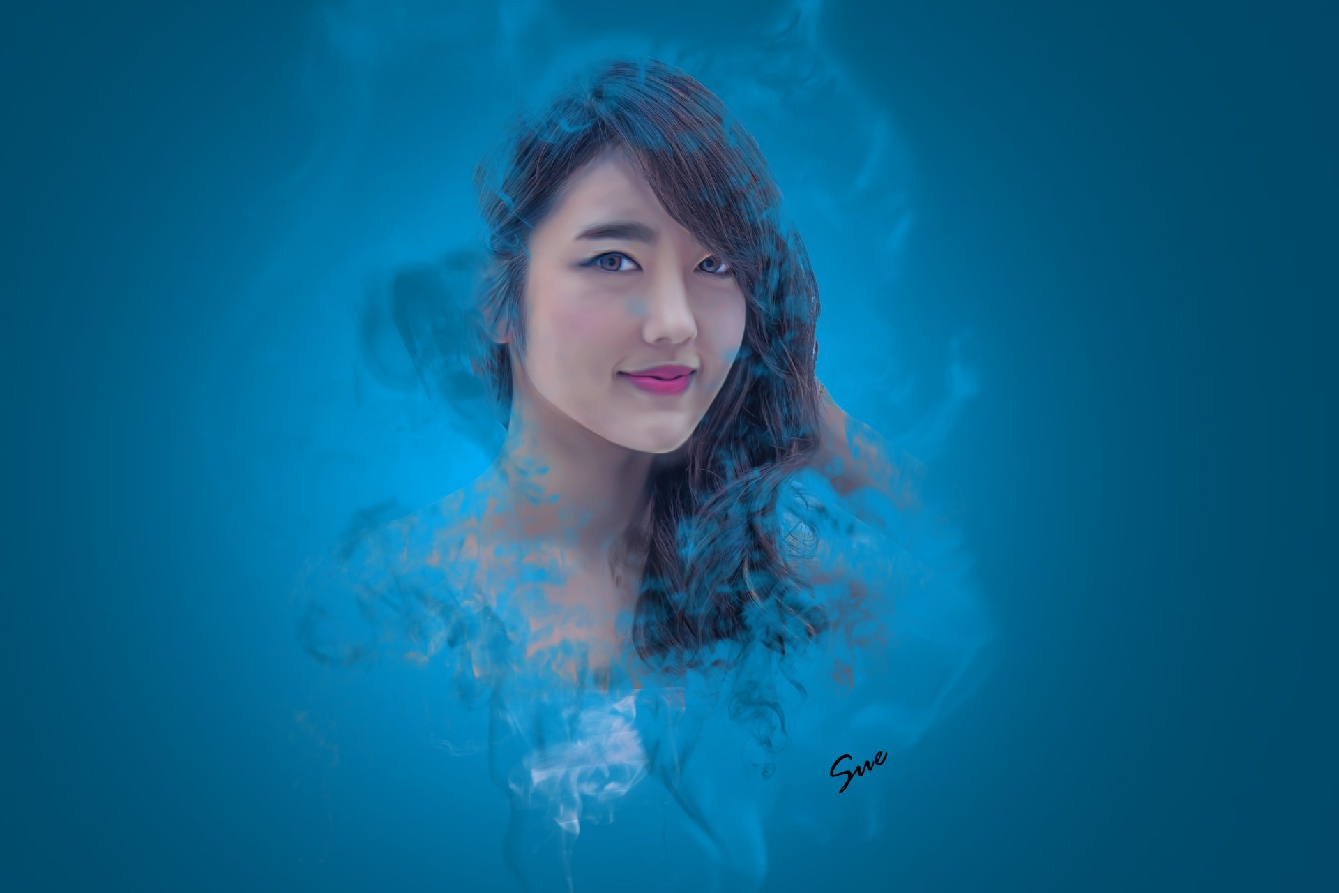 Artistic portrait of a smiling woman emerging from blue painterly swirls, 5K Ultra HD PC desktop wallpaper.