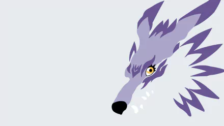 HD PC desktop wallpaper featuring a stylized, close-up side profile of a fierce purple wolf from the anime Digimon Adventure Tri.