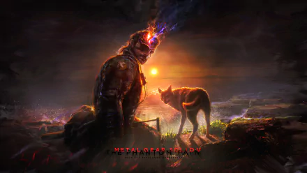 4K Ultra HD desktop wallpaper featuring a dramatic scene from Metal Gear Solid V: The Phantom Pain with a character and a wolf under a fiery sky.