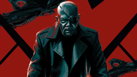 HD PC desktop wallpaper featuring a dark, intense image of Nick Fury from the movie Captain America: The Winter Soldier with a red and black background.