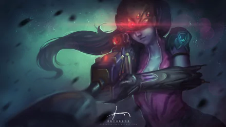 A striking digital artwork featuring Widowmaker from Overwatch, showcasing her purple long hair and bodysuit while aiming a gun. The image conveys a dark, intense atmosphere.