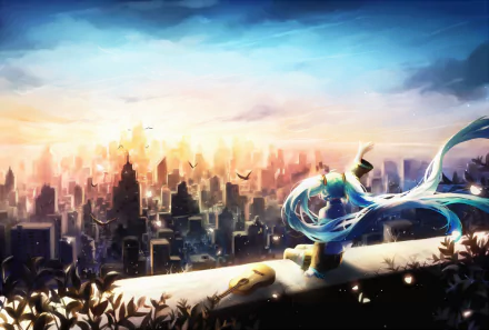 HD PC desktop wallpaper featuring Hatsune Miku from Vocaloid, set against a vibrant, glowing cityscape at sunset in anime style.