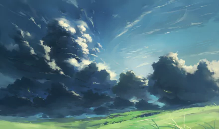 HD anime wallpaper featuring a vibrant sky with dark clouds over a grassy landscape.