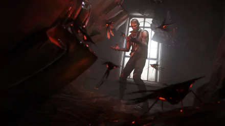 HD PC desktop wallpaper from the video game Dishonored 2, featuring a character surrounded by ominous flying figures in a dark, atmospheric setting.
