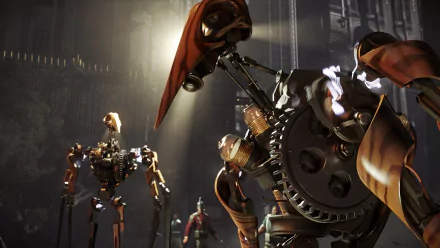 HD PC desktop wallpaper from the video game Dishonored 2, featuring detailed mechanical robots in a dimly lit industrial setting.