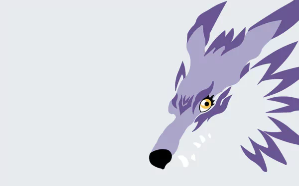 HD PC desktop wallpaper featuring a stylized, close-up side profile of a fierce purple wolf from the anime Digimon Adventure Tri.