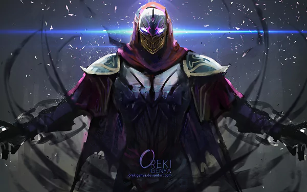 HD wallpaper featuring Zed, a character from League of Legends, depicted in dark and mystical armor with an intense, powerful aura, set against a dynamic background.