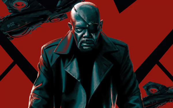 An intense image featuring Nick Fury from Captain America: The Winter Soldier, set against a striking red background, ideal as an HD desktop wallpaper.