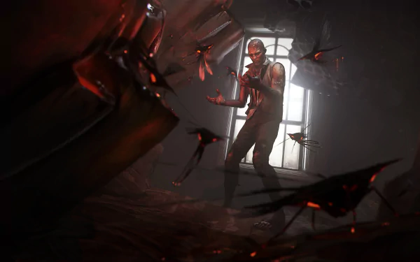 HD PC desktop wallpaper from the video game Dishonored 2, featuring a character surrounded by ominous flying figures in a dark, atmospheric setting.