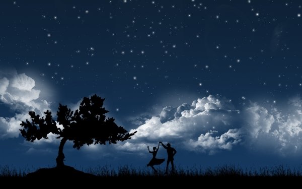 Artistic Love Couple Silhouette Tree Blue Stars Starry Sky Cloud Night Dance HD Wallpaper | Background Image