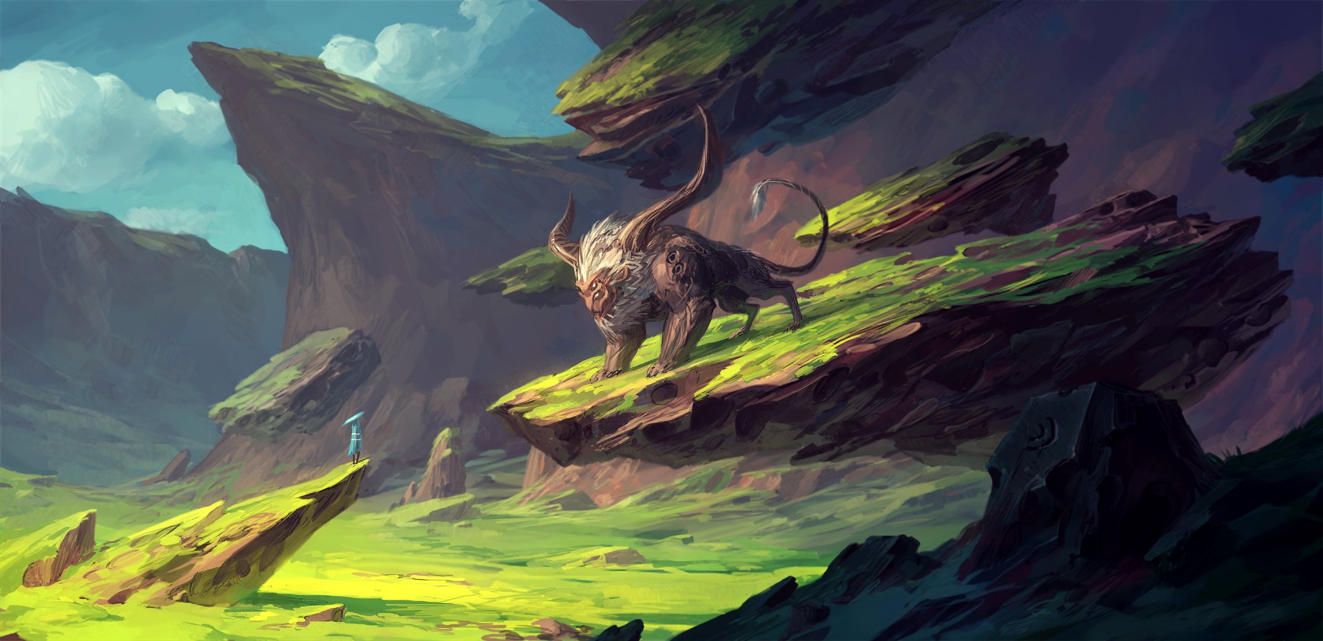 A majestic creature with horns stands on a vibrant landscape, surrounded by towering cliffs and lush greenery, capturing a captivating fantasy scene. HD PC desktop wallpaper.