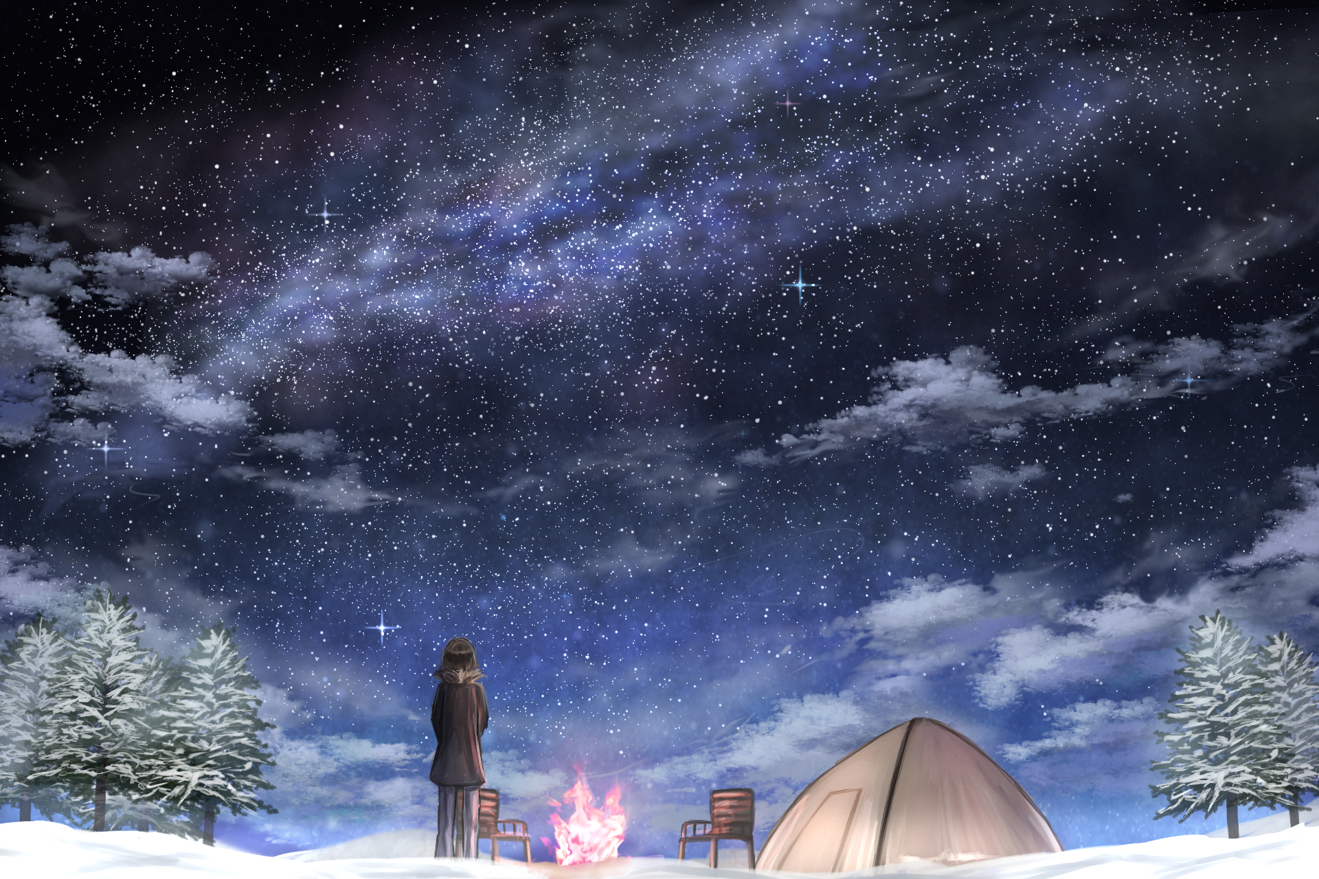 A serene anime scene featuring a person gazing at a starry night sky, surrounded by trees and a campfire, creating a captivating HD PC desktop wallpaper.