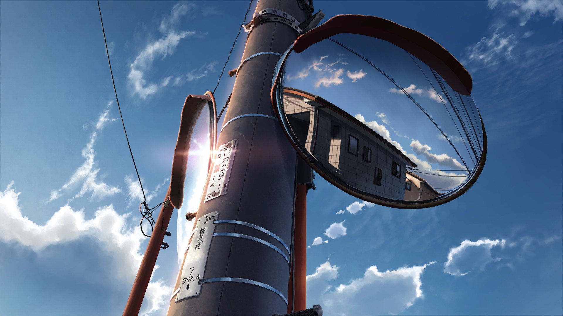 A serene anime-inspired HD wallpaper featuring a reflective road mirror and a clear sky, capturing a calm moment in a vibrant, original art style.