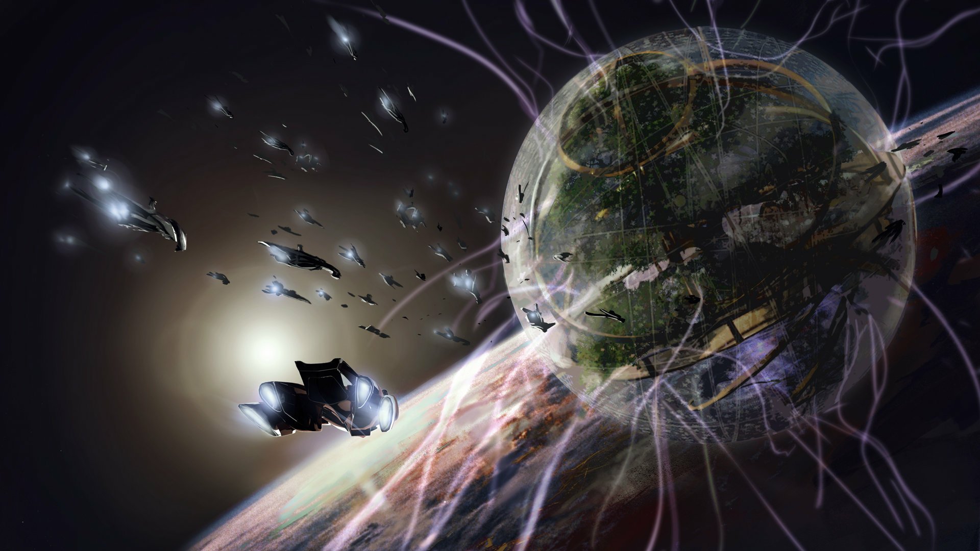 Sci-fi HD PC desktop wallpaper: sleek starships orbit a green, ringed space station wrapped in glowing energy filaments above a planet.