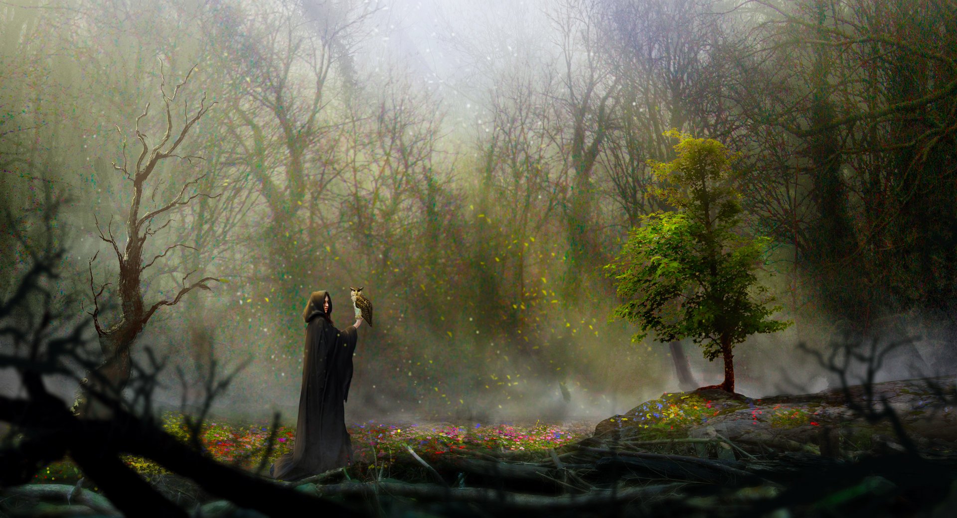 Fantasy forest scene with a robed figure raising hands amid mist and glowing fireflies, featuring a solitary green tree. HD PC desktop wallpaper and background.