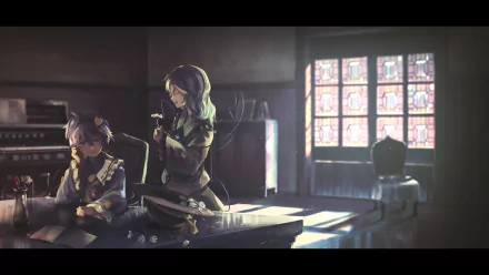 HD anime wallpaper featuring Satori Komeiji and Koishi Komeiji from Touhou, set in a softly lit room with stained glass windows and a calm, detailed atmosphere.