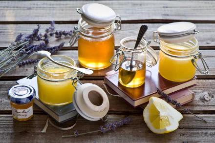A still life of jars filled with honey, set against a rustic wooden background, accompanied by lavender and a lemon slice, creating a warm, inviting atmosphere perfect for a desktop wallpaper.