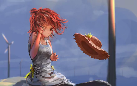 HD wallpaper featuring Yui Yuigahama from the anime My Teen Romantic Comedy SNAFU, capturing a serene moment with her vibrant red hair and a floating hat in a picturesque landscape.
