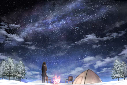 A serene anime scene featuring a person gazing at a starry night sky, surrounded by trees and a campfire, creating a captivating HD PC desktop wallpaper.