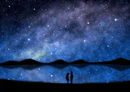 Anime original HD PC desktop wallpaper/background: two silhouetted figures stand by a reflective lakeshore beneath a vivid star-filled Milky Way sky and distant hills.
