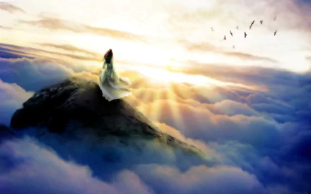 A woman in a flowing white dress stands on a rocky peak above a sea of clouds, bathed in golden light with birds soaring in the distance, evoking a sense of fantasy and heavenly beauty.