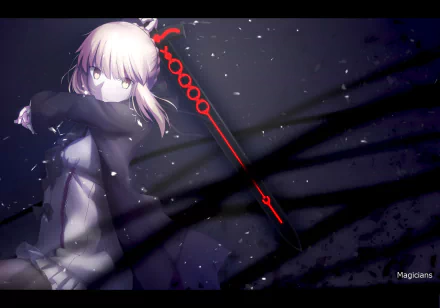 Saber Alter from Fate/unlimited codes stands poised with a striking red sword against a dark, atmospheric background, creating a powerful HD desktop wallpaper.