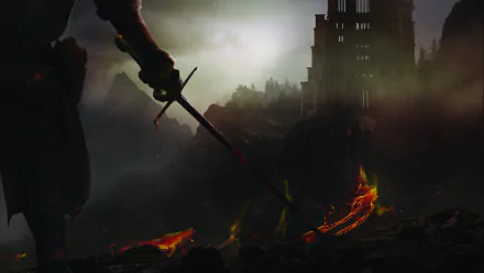 HD PC desktop wallpaper from the video game Dark Souls showing a dark, misty battlefield with a glowing sword and a towering ruined structure in the background.