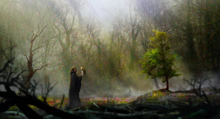 Fantasy forest scene with a robed figure raising hands amid mist and glowing fireflies, featuring a solitary green tree. HD PC desktop wallpaper and background.