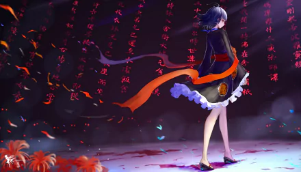 HD desktop wallpaper featuring Mumei from Koutetsujou no Kabaneri. She has blue hair and red eyes, wearing a kimono. Red kanji characters form the background.