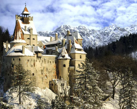 Bran Castle stands majestically against a snowy mountain backdrop, captured in stunning 4K Ultra HD as a striking man-made architectural landmark.