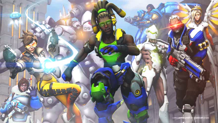 A vibrant HD wallpaper featuring iconic Overwatch characters Reinhardt, Genji, Pharah, Soldier: 76, Mercy, Lúcio, Tracer, and Mei in an action-packed scene.